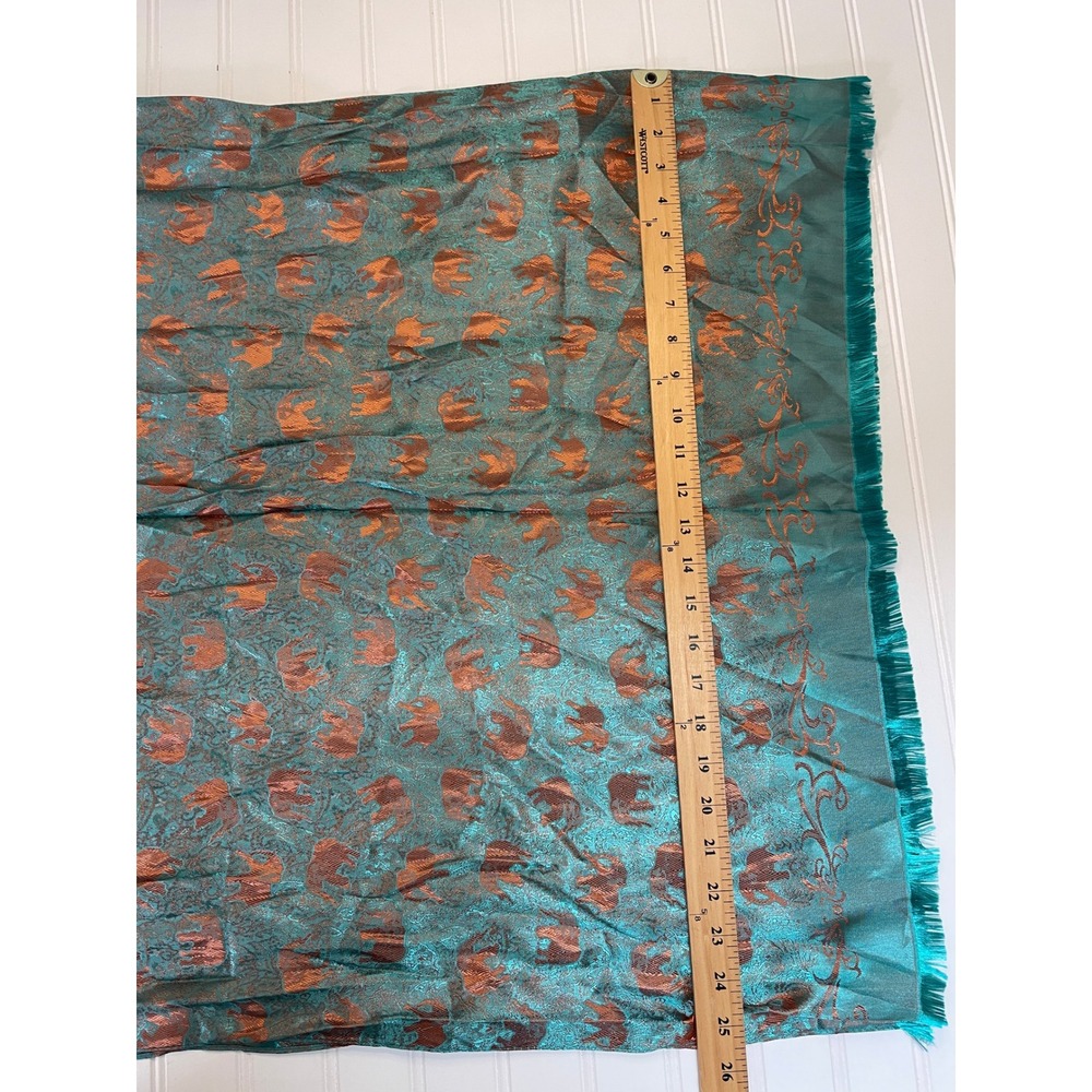 Thai Silk 100% Elephant Scarf Teal Copper Iridescent Jacquard Fringe Wrap - Picture 6 of 7